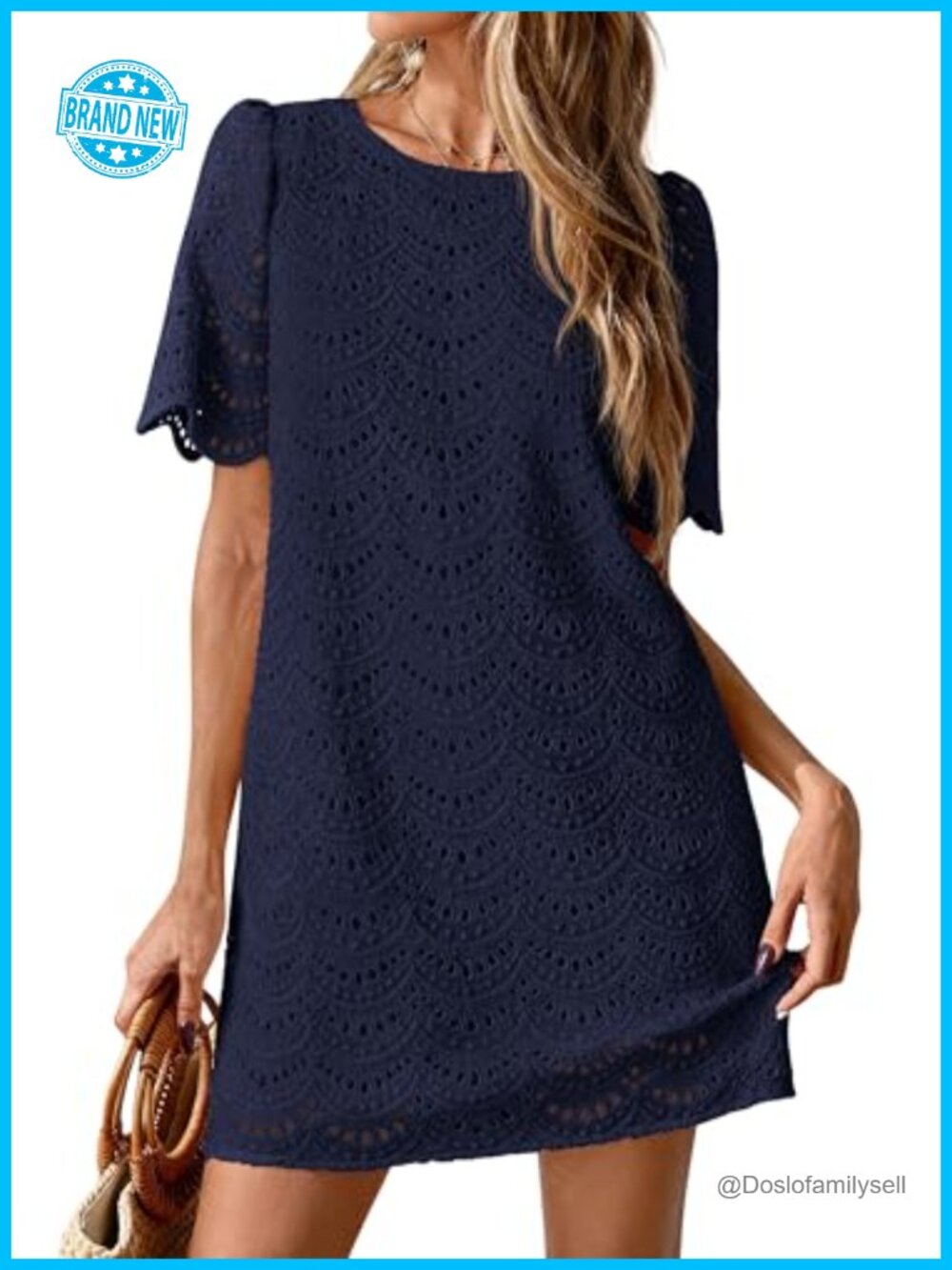 Women's Eyelet Lace Short Sleeve Mini Dress Crewneck Shift Keyhole Back